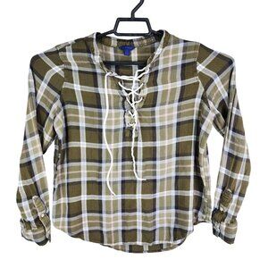Womens Aeropostale Olive & White Plaid Blouse Top Lace Up Long Sleeve Size L
